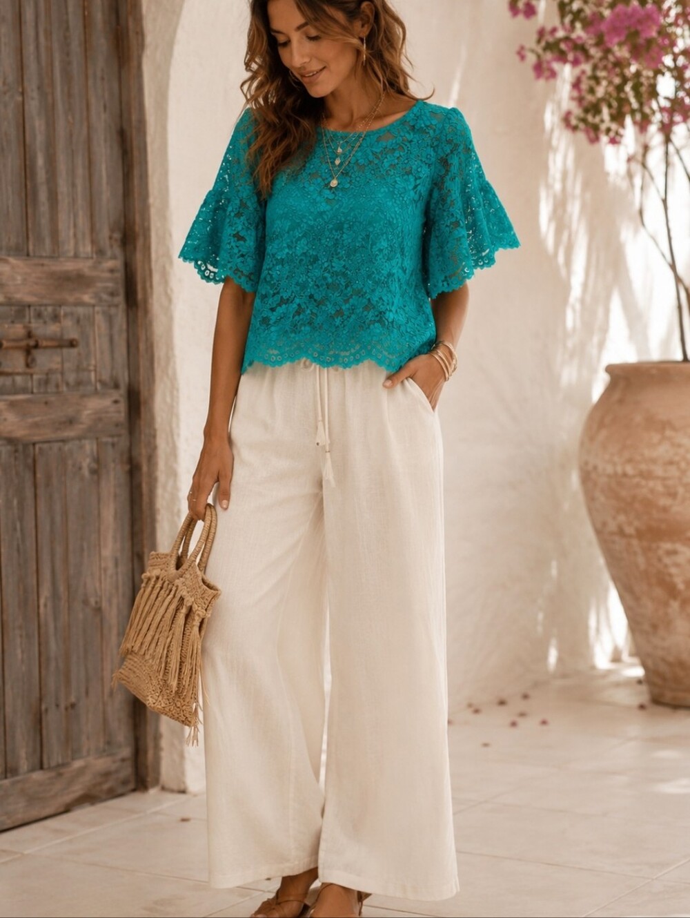 Vintage Reem Acra Turquoise Sheer Lace Applique Blouse Romantic Luxury Spring